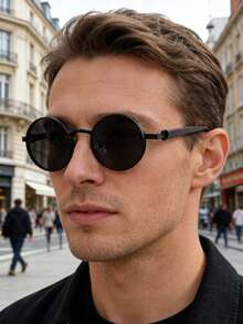 Men's Metal Round Wood Grain Effect Frame Fashion Glasses - Black - View 5