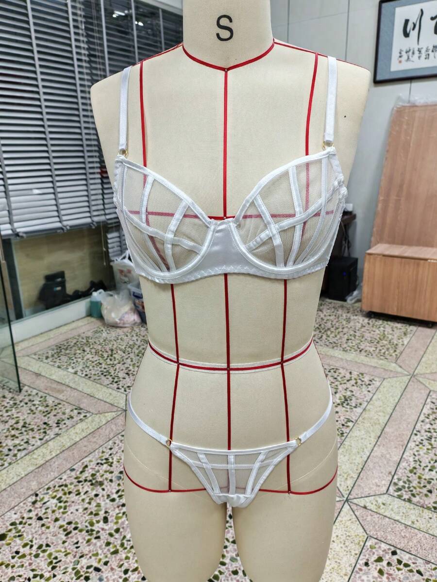 1 Set/2pcs Women's Underwear Set, Wireless Bra And Panty, Sexy Mesh Breathable - White - View 1