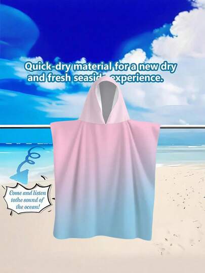 1pc Colorful Ombre Blue Gray Blue Gray Printed Hooded Cloak/Wearable Bathrobe - Super Soft Microfiber Hooded Beach Pattern, Suitable For Men, Women, Couples - Beach And Home Decor, Couples Cloak | Microfiber Bathrobe, Suitable For Various Occasions, Beach Outings, Bathroom Use