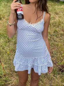 Women Y2k Mini Dress Fairy Grunge Lace Trim Sleeveless Spaghetti Strap Cami Dress Striped/Polka Dot Print Ruffle Hem Slim Fit Short Dress Going Out Dress Summer Beach Vacation Dress For Teen Girls Streetwear Aesthetic Clothes - 白色 - 查看 2