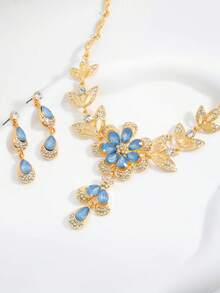 3 Pieces/Set Of Women's Necklace Earrings Set With Beautiful Flower Design Inlaid With Water Droplets, Floral Tassel Necklace Elegant And Exquisite - Light Blue - View 4