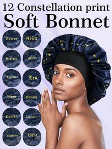 1pc Satin Elastic Sleeping Cap With Drawstring Bow, Printed With 12 Zodiac Signs, Unisex Sleep Bonnet - Black - View 11