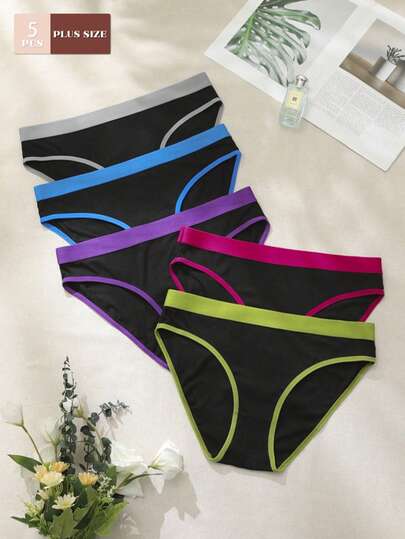 5pcs/Pack Plus Size Women's Contrast Color Elastic Waist Casual Knit Underwear