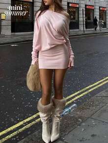 minisummmer Đầm ngắn tay dài trễ vai ôm sát dành cho nữ, mẫu mới mùa xuân/hè - Màu hồng, thanh lịch, thích hợp mặc hàng ngày hoặc dự tiệc hóa trang. - Hồng - Xem 5