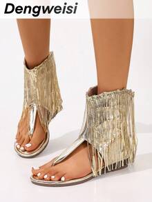 Gold Tassel Women's Bohemian Style Chunky Heel Round Toe Sandals, Versatile Comfortable Casual/Work Wear Shoes For Spring & Summer,Flip Flops - Gold - View 5