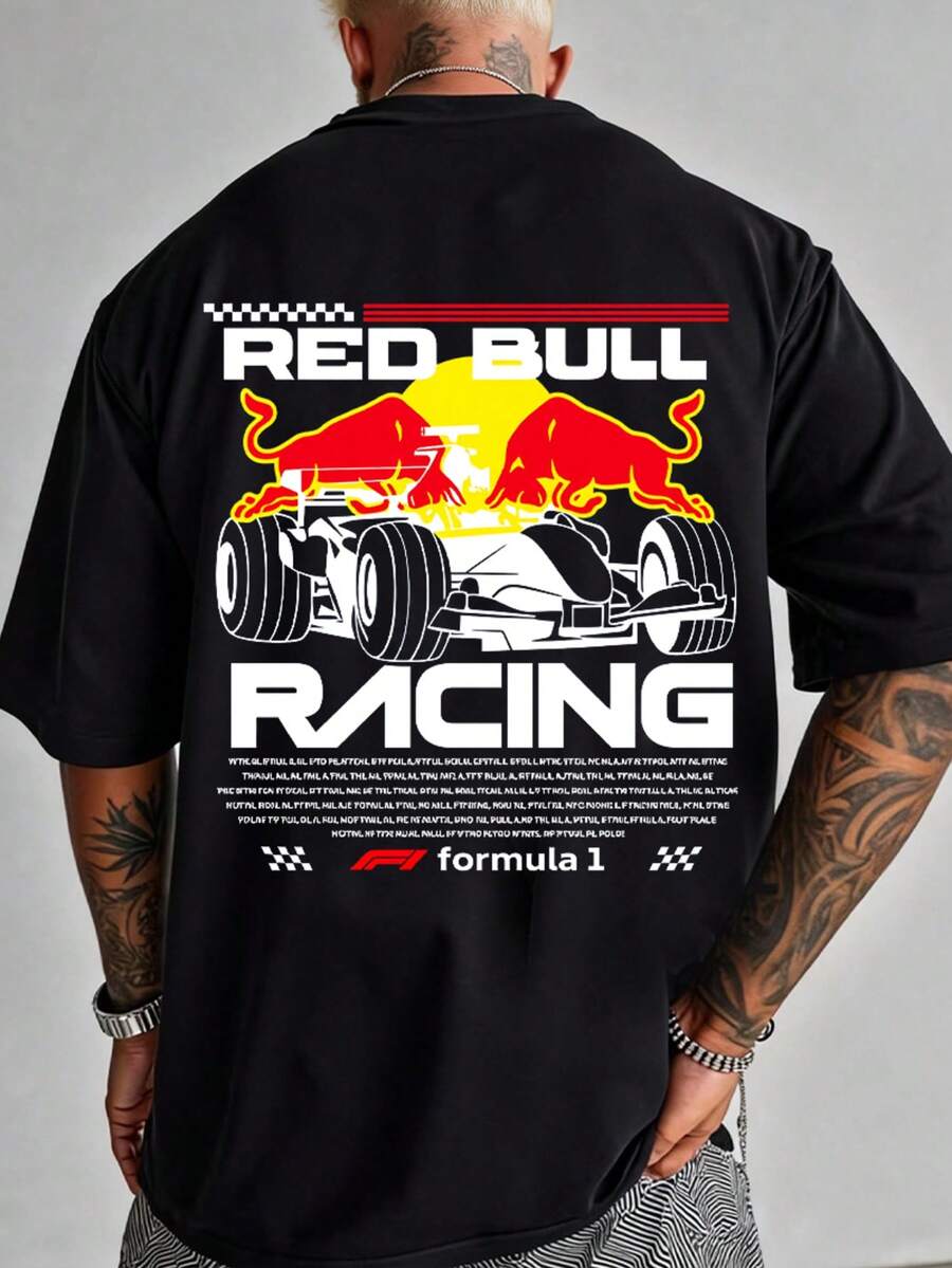 Red Bull F1 Racing-Themed Printed T-Shirt, Men's Fashionable Racing Graphic T-Shirt, Pure Cotton, Comfortable Casual Wear, Outdoor Sportswear, A Must-Have T-Shirt For Racing Fans, Suitable For Everyday Wear And Watching Races, Streetwear, Summer T-Shirt, A Gift For Men. - 黑色 - 查看 1