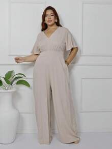 Women's Plus Size Plain Long Jumpsuit, Wide Leg, Short Sleeve, V-Neck, Ruched Front, Comfortable - 米色 - 查看 2