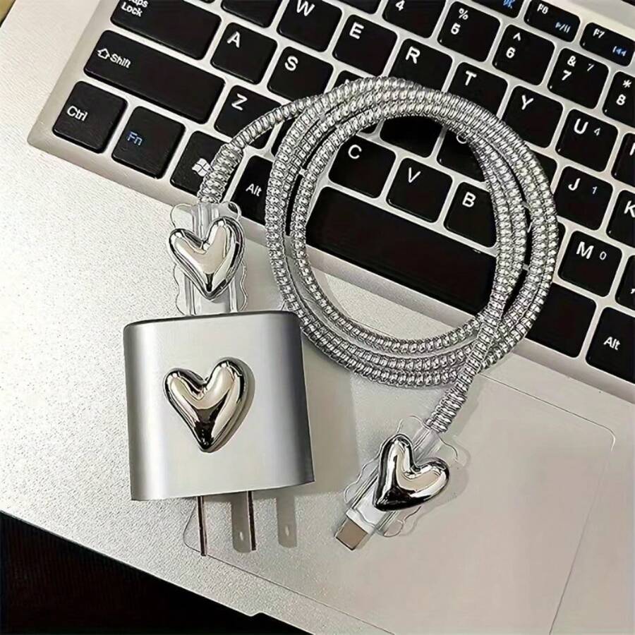 20W Cable de datos plateado enchapado, acabado mate, compatible con carga rápida para iPhone 14 Pro - Apple 20W - Juego de cinco piezas con corazón plateado - Ver 1