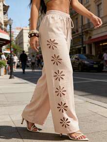 Women's High Waist Drawstring Linen Pants Bohemian Floral Cutout Wide Legs - Apricot - View 6