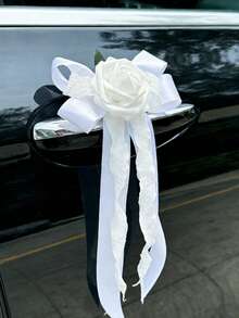 6 Stücke Hochzeitsauto Türgriff Blumen, weiße künstliche Autospiegel Blumensträuße mit Schleife, Hochzeitsauto Dekorationszubehör für Türgriffe und Rückspiegel - Verschiedenfarbig - Übersicht 5