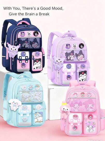 SANRIO 1 pieza Mochila de gran capacidad en rosa y morado, diseño de múltiples bolsillos con tiras reflectantes para caminar de noche, doble asa superior + correas de hombro acolchadas ajustables, bolsillos laterales de malla para botellas de agua o paraguas, cierre de cremallera de calidad, mochila ligera y duradera para estudiantes, adecuada para fans de anime, uso diario, escuela, viajes, también un gran regalo de Navidad/cumpleaños