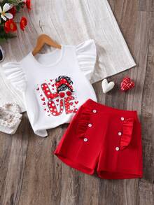 2pcs/Set Toddler Girls' Heart Ruffle Sleeve Round Neck Top And Frill Trim Shorts Set, Spring/Summer - Red and White - View 1