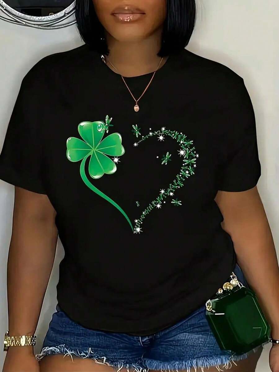 Women's St Patrick's Day & Valentine's Day Black T-Shirt Casual Crew Neck Short Sleeve Tee With Sparkling Clover & Heart Design Machine Washable All-Season Co. - 黑色 - 查看 1
