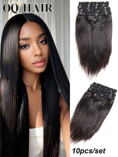 OQ 10 piezas/paquete Extensiones de cabello 100% cabello humano color negro natural liso y sedoso, sin desprendimiento, de 14 a 22 pulgadas, fácil de usar, para principiantes