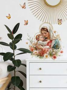 1pc Easter Virgin Mary & Baby Jesus Flower Wall Decal, Removable Wall Sticker For Bedroom, Living Room - 1PC - View 2