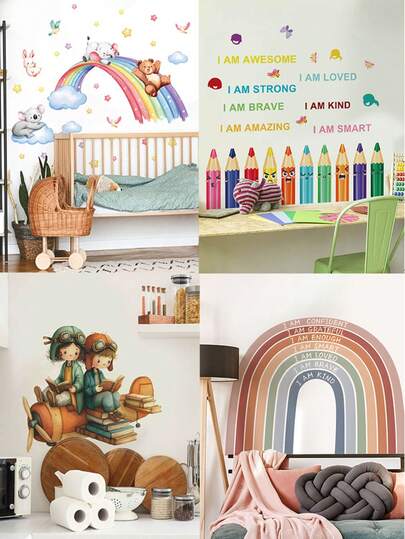 1pc Multi-Size Cartoon Rainbow Animal & Pilot Learning Decal Wall Sticker, PVC Self-Adhesive Removable, Suitable For Bedroom, Living Room, Study, Dining Room, Bathroom, Home Wall Decor, Room Decoration