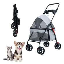 Cochecito plegable 3 en 1 de 3 ruedas para perros pequeños y gatos: estructura de acero resistente, capota, cesta portaobjetos y manillar ergonómico. Transportín plegable y ligero adecuado para cachorros/gatitos, viajes y visitas al veterinario - Gris Claro - Ver 6