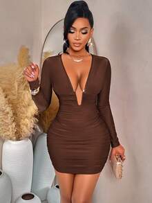 AIJ Đầm ngắn ôm sát người tay dài cổ chữ V sâu, xếp ly, thanh lịch và gợi cảm hiệu Amarilo, thích hợp cho các bữa tiệc và những buổi tối dạo phố mùa xuân. - Cà phê nâu - Xem 8