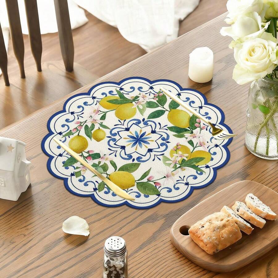 1 pieza/Set, Limón, Azul, Mantel individual redondo de lino para primavera/verano, 38cm, Decoración de mesa de cocina y comedor de temporada, Decoración del hogar de primavera/verano, Primavera, Decoración del hogar para bodas - Multicolor - Ver 1