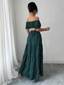 Vacation Style Denim Effect Off Shoulder Backless Tie-Up Dress For Women, Summer Spring - Dark Green - View 4