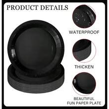 50/36/24/12个装 7英寸/9英寸一次性纸盘，加厚纸盘，防漏，3秒快速清洁，适用于派对/露营/家庭使用，毕业典礼/生日/圣诞节/感恩节/万圣节餐具 - 黑色 - 查看 8