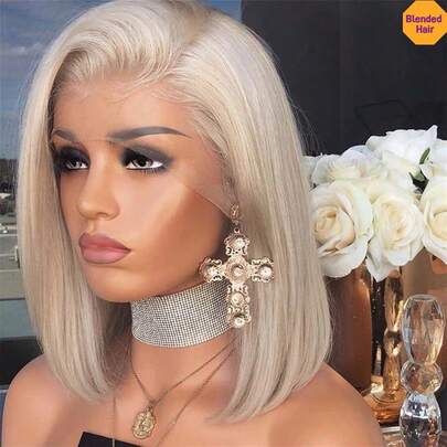 金色短波波头假发 13x4 透明蕾丝前假发 女士款 180% 密度 短直发 预先拔毛 自然发际线 耐热合成混纺人发假发 带婴儿发 613#