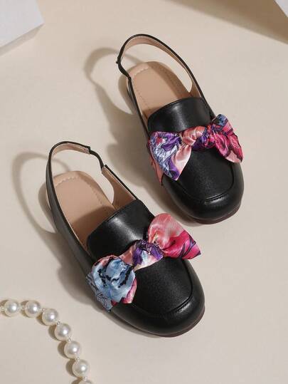 1 Pair Girls' Colorful Bow PU Soft Bottom Breathable Closed Toe Flat Sandals, Suitable For Spring And Summer