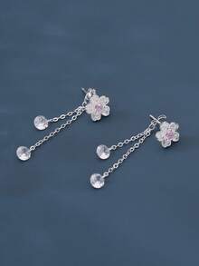 1 Par de Brincos Longos com Borla Floral Fofa e Doce em Prata Esterlina S925, Brincos Florais Delicados e Femininos para Uso Diário - flores - Visão 9