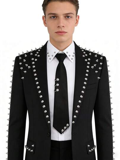 Corbata negra pre-anudada con decoración de ojal plateado, estilo gótico Y2K para hombres