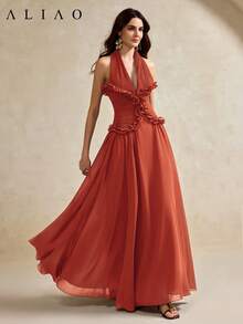 Aliao Elegant Ruffle Waist Dress, Brown Dress, Women's Summer Long Dress, Party Dress, Women's Graceful Dress, Spring Dress, Women's Wedding Guest Dress, Luxury Wedding Evening Gown, Red Dress - Burnt Orange - View 4