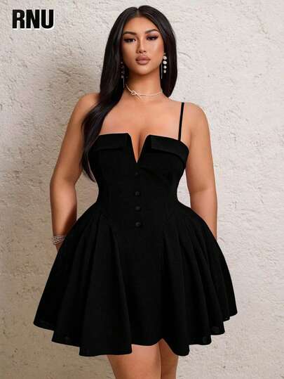  RNU 大码优雅纯色针织高弹连衣裙，腰部褶皱设计，A字裙摆，纽扣装饰，V领，适合女性度假、夏季、春季、情人节、海滩度假、约会之夜、日常穿着，修身显瘦，时尚百搭，适合派对、浪漫约会，也可作为2026年狂欢节服装。