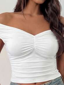 Petite Women Casual Off-Shoulder Top - Ribbed Knit With Chest Twist Design, Casual Elegant For Summer Date, Streetwear, Y2K Fashion, Vacation, Minimalist Daily Wear - White - View 6