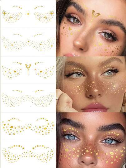Gold Glitter Face Jewels Stickers, Gold Foil Butterfly Heart Star Moon Freckle Designs, Y2K Temporary Fake Tattoos, DIY For Carnival, Music Festival, Valentine's Day, Party Holiday Gifts, Suitable For Fingers, Ears, Shoulders, Neck, Collarbones, Body Skin Small Areas