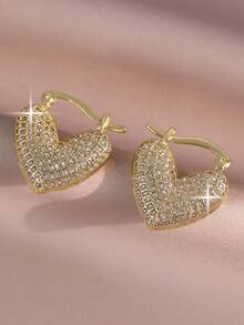 1pair Elegant Heart Cubic Zirconia Hoop Earrings, Multi-Element Shiny Earrings, Suitable For Festivals And Daily Wear, Fashion Jewelry Gift Birthday Anniversary Wedding Earrings - Yellow Gold - View 9