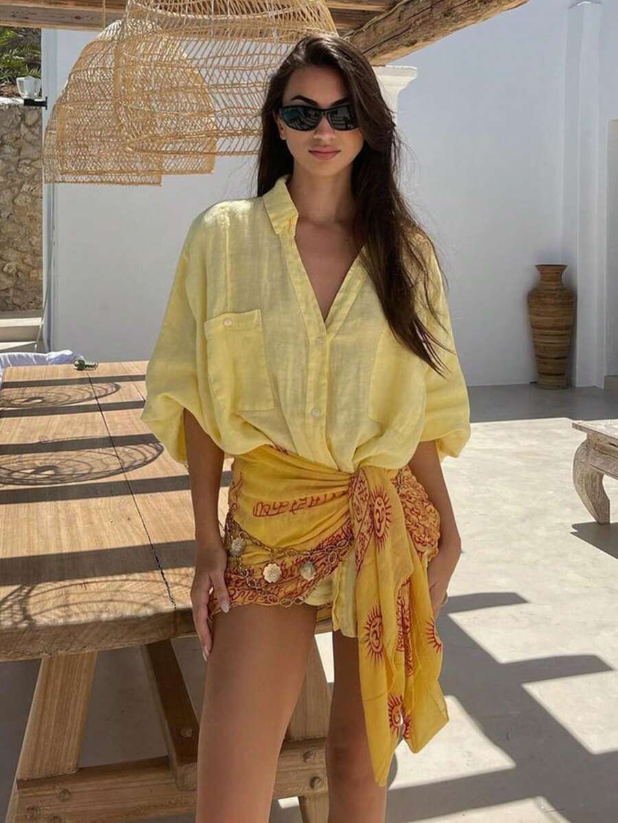 Women's Casual Street Style Simple Light Yellow Shirt, Spring/Summer - Yellow - View 1