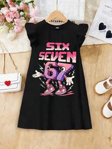 Teenage Girls' Ombre Interesting "67" Graphic Print Casual Elegant Dress - Black - View 5