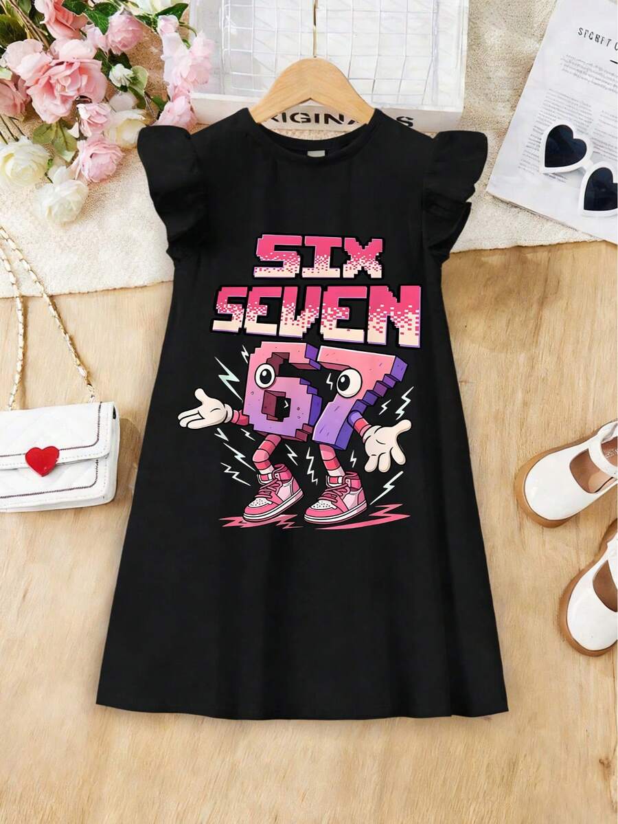 Teenage Girls' Ombre Interesting "67" Graphic Print Casual Elegant Dress - Black - View 1