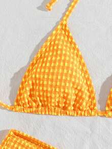 wohenmeili Bộ bikini buộc dây cổ kiểu Bohemian, bikini co giãn cao cấp, áo bơi tam giác buộc dây và quần lọt khe nhún bèo buộc dây bên hông dành cho nữ, đồ đi biển, đồ bơi nữ chất liệu kẻ caro đặc biệt cho kỳ nghỉ hè. - Lưới màu cam - Xem 6