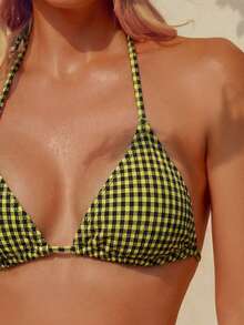 wohenmeili Bộ bikini buộc dây cổ kiểu Bohemian, bikini co giãn cao cấp, áo bơi tam giác buộc dây và quần lọt khe nhún bèo buộc dây bên hông dành cho nữ, đồ đi biển, đồ bơi nữ chất liệu kẻ caro đặc biệt cho kỳ nghỉ hè. - caro vàng đen - Xem 8
