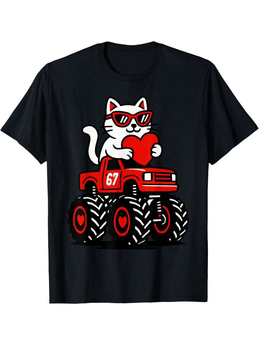 Valentines Day Cat Riding Truck Funny Toddler Boys Girls T-Shirt - Black - View 1