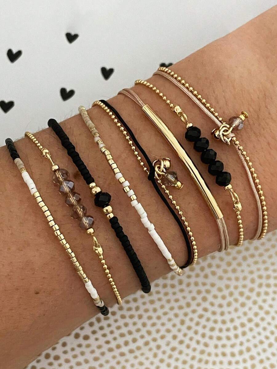 7pcs Handmade Beaded Bracelet Set, Black Crystal Beads, Rice Beads, Contrast Color Pendant, Minimalist Ins Style - Gold - View 1