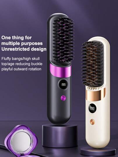 New USB Rechargeable Hair Straightener Brush, Wireless Portable Hair Straightener, Negative Ion Hair Care, 2-In-1 Hair Straightener & Curler, Battery Capacity: 1800mAh