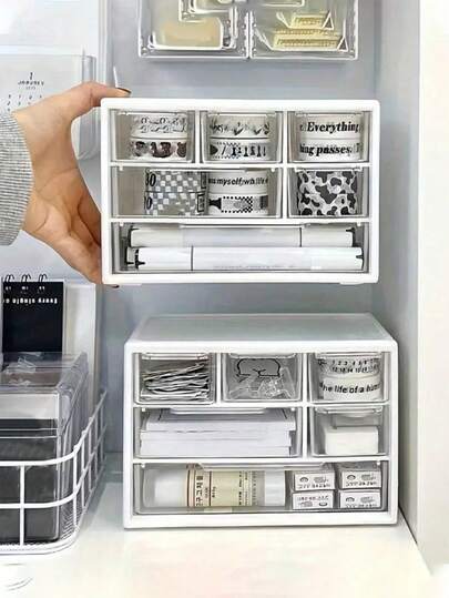 1个透明塑料桌面抽屉收纳盒 - 大容量多用途收纳盒，适用于办公用品、化妆品和浴室用品，轻巧设计，适合家庭或办公室桌面收纳。