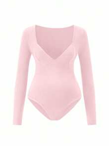 Body cómodo de maternidad, manga larga con cuello en V profundo, tela de alta elasticidad, ropa de embarazo versátil en color rosa - Rosa - Ver 2