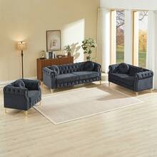 Modern Velvet Chesterfield Modular Sofa Couch Set With Tufted Button Back, Copper Stud Trim, Metal Legs & Decorative Armrest Rings, Spring Cushion Living Room Sofa, Single Seat, Loveseat & 3 Seater Upholstered Couch For Home Apartment - 黑色 - 查看 1