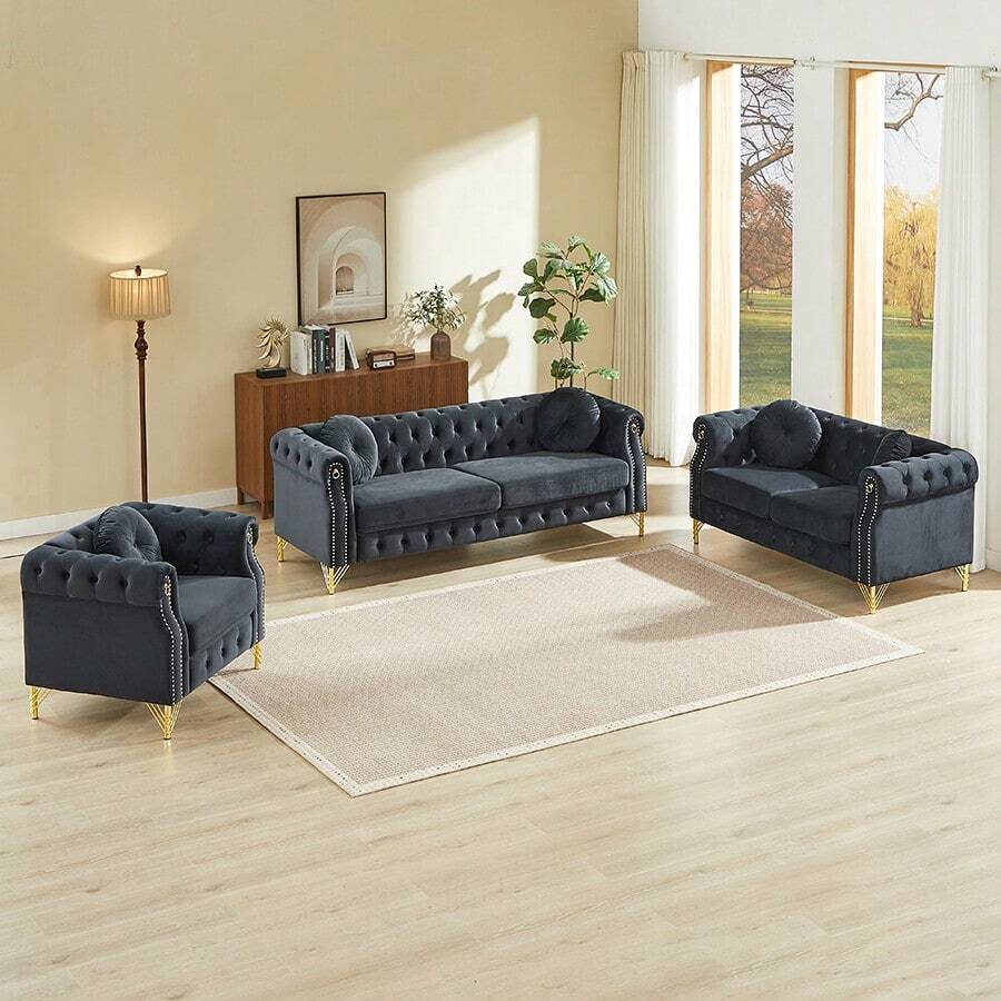 Modern Velvet Chesterfield Modular Sofa Couch Set With Tufted Button Back, Copper Stud Trim, Metal Legs & Decorative Armrest Rings, Spring Cushion Living Room Sofa, Single Seat, Loveseat & 3 Seater Upholstered Couch For Home Apartment - 黑色 - 查看 1