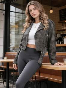 Smileader Women's Retro Collar Simple Daily Zipper Short Jacket, Spring Easter Style - Camouflage - View 2