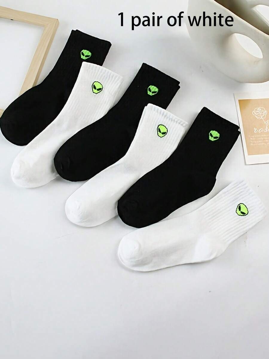 1/3/4/6 双装卡通外星人印花袜子，男女通用休闲中筒运动袜，百搭黑色长袜，春秋季 - 彩色 - 查看 1