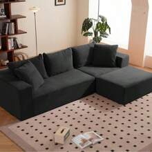 108" L-Shaped Boneless Couch, Modular Sectional Sofa with Moveable Ottoman, Corduroy Cloud Couches for Living Room, No Assembly, Ship in a Box, Black - Negro - Ver 6