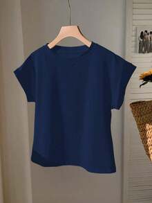 2026 SUMMER TopComfortcana Women's Casual Coffee Brown Round Neck Short Sleeve T-Shirt, SummerLoose And Comfortableshirt - 藏蓝色 - 查看 3